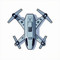 A top-down view of a reconnaissance drone in pixel art style, featuring a color palette of light gray and blue