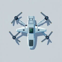 A top-down view of a reconnaissance drone in pixel art style, featuring a color palette of light gray and blue