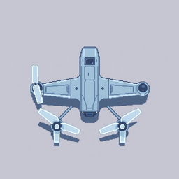 A top-down view of a reconnaissance drone in pixel art style, featuring a color palette of light gray and blue