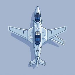 A top-down view of a reconnaissance airplane in pixel art style, showcasing a color palette of light gray and blue