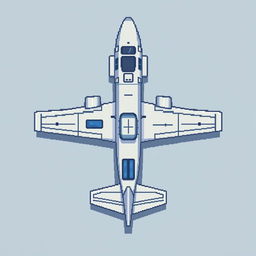 A top-down view of a reconnaissance airplane in pixel art style, showcasing a color palette of light gray and blue