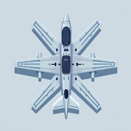 A top-down view of a reconnaissance airplane in pixel art style, showcasing a color palette of light gray and blue