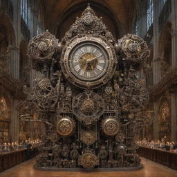 An intricate clockpunk mecha, adorned with meticulously crafted gears and pendulums, driven by complex clockwork mechanisms, set against the backdrop of a grand cathedral-like workshop filled with ticking timepieces.