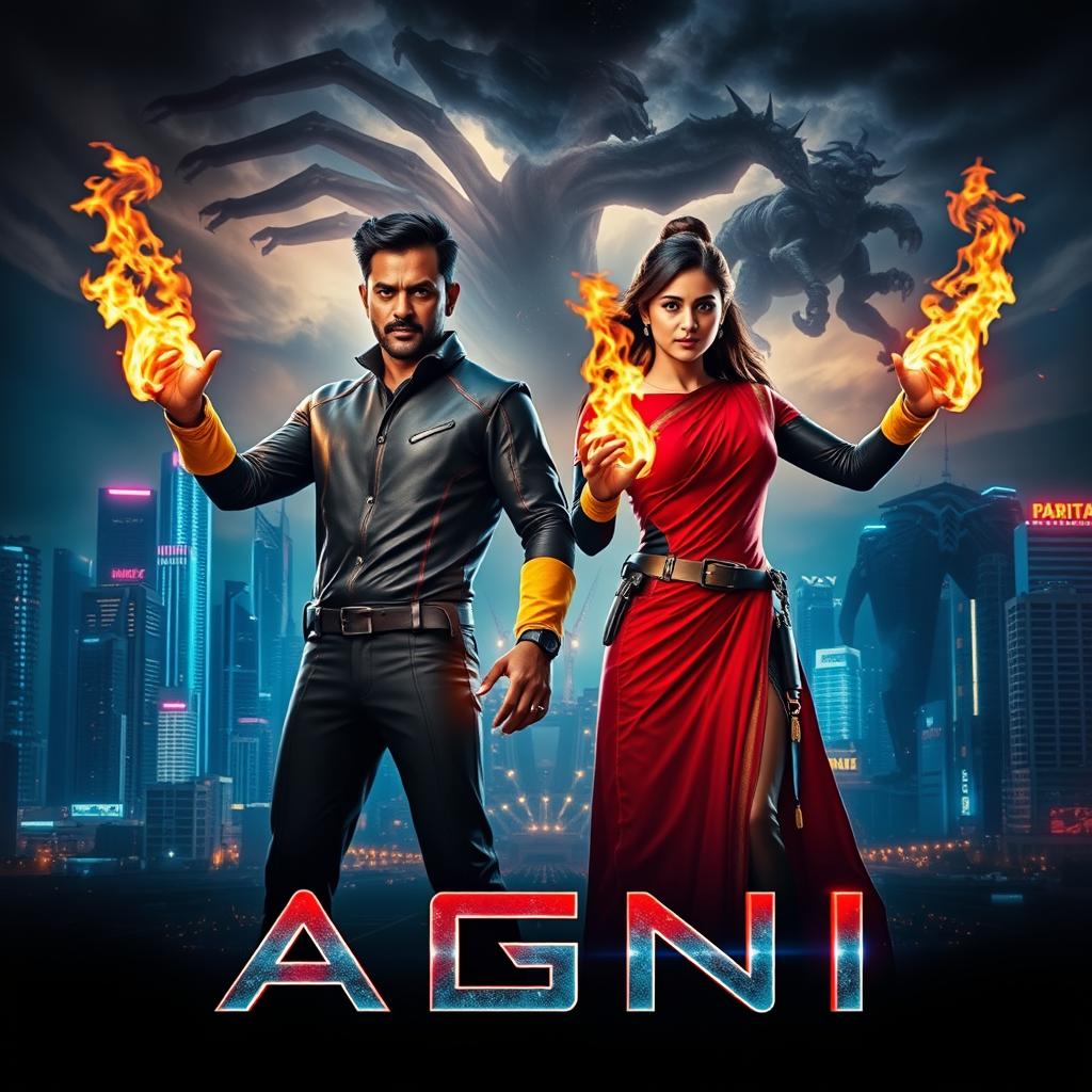 A cinematic sci-fi action superhero film poster titled 'AGNI