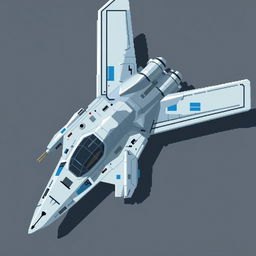 A top-down view of a futuristic reconnaissance airplane in pixel art style, featuring a color palette of light gray and blue