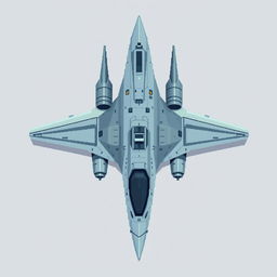 A top-down view of a futuristic reconnaissance airplane in pixel art style, featuring a color palette of light gray and blue