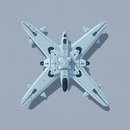 A top-down view of a futuristic reconnaissance airplane in pixel art style, featuring a color palette of light gray and blue