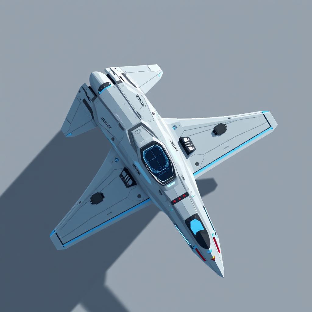 A top-down view of a futuristic reconnaissance airplane in pixel art style, featuring a color palette of light gray and blue