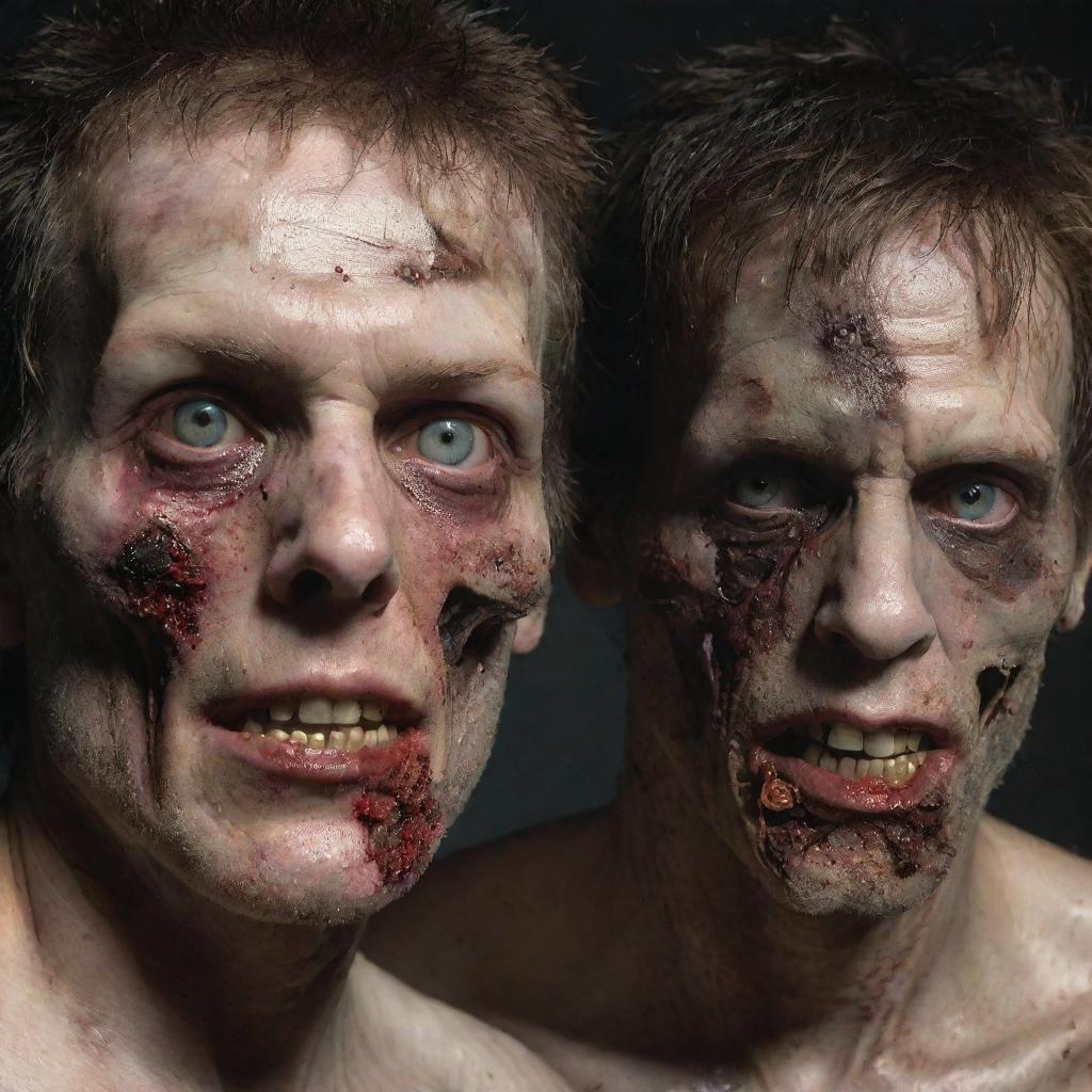 A human transitioning into a zombie, with half of the face still displaying human features, while the other half shows decomposing, gory zombie characteristics.