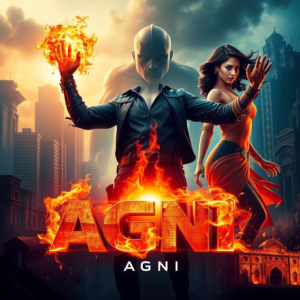 A vibrant and visually striking cinematic poster for a sci-fi action superhero film titled 'AGNI'