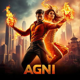 A vibrant and visually striking cinematic poster for a sci-fi action superhero film titled 'AGNI'