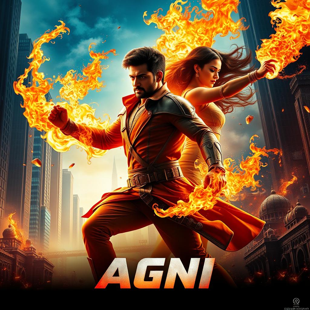 A vibrant and visually striking cinematic poster for a sci-fi action superhero film titled 'AGNI'