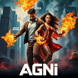 A vibrant and visually striking cinematic poster for a sci-fi action superhero film titled 'AGNI'