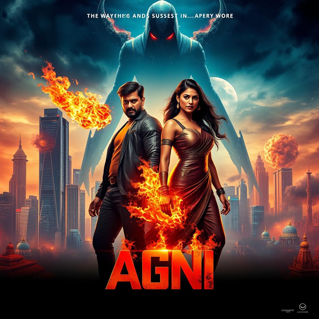 A visually arresting cinematic poster for a sci-fi action superhero film titled 'AGNI'