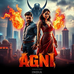 A visually arresting cinematic poster for a sci-fi action superhero film titled 'AGNI'