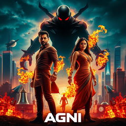 A visually arresting cinematic poster for a sci-fi action superhero film titled 'AGNI'