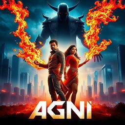 A visually arresting cinematic poster for a sci-fi action superhero film titled 'AGNI'