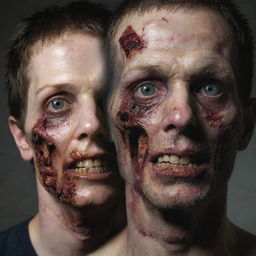 A human transitioning into a zombie, with half of the face still displaying human features, while the other half shows decomposing, gory zombie characteristics.