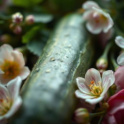 A close-up, artistic depiction of a cucumber surrounded by delicate floral elements, emphasizing natural beauty and elegance