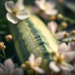 A close-up, artistic depiction of a cucumber surrounded by delicate floral elements, emphasizing natural beauty and elegance