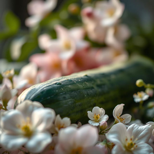 A close-up, artistic depiction of a cucumber surrounded by delicate floral elements, emphasizing natural beauty and elegance