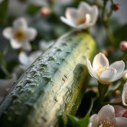 A close-up, artistic depiction of a cucumber surrounded by delicate floral elements, emphasizing natural beauty and elegance