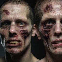 A human transitioning into a zombie, with half of the face still displaying human features, while the other half shows decomposing, gory zombie characteristics.