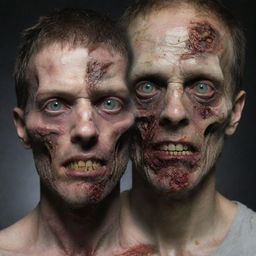 A human transitioning into a zombie, with half of the face still displaying human features, while the other half shows decomposing, gory zombie characteristics.