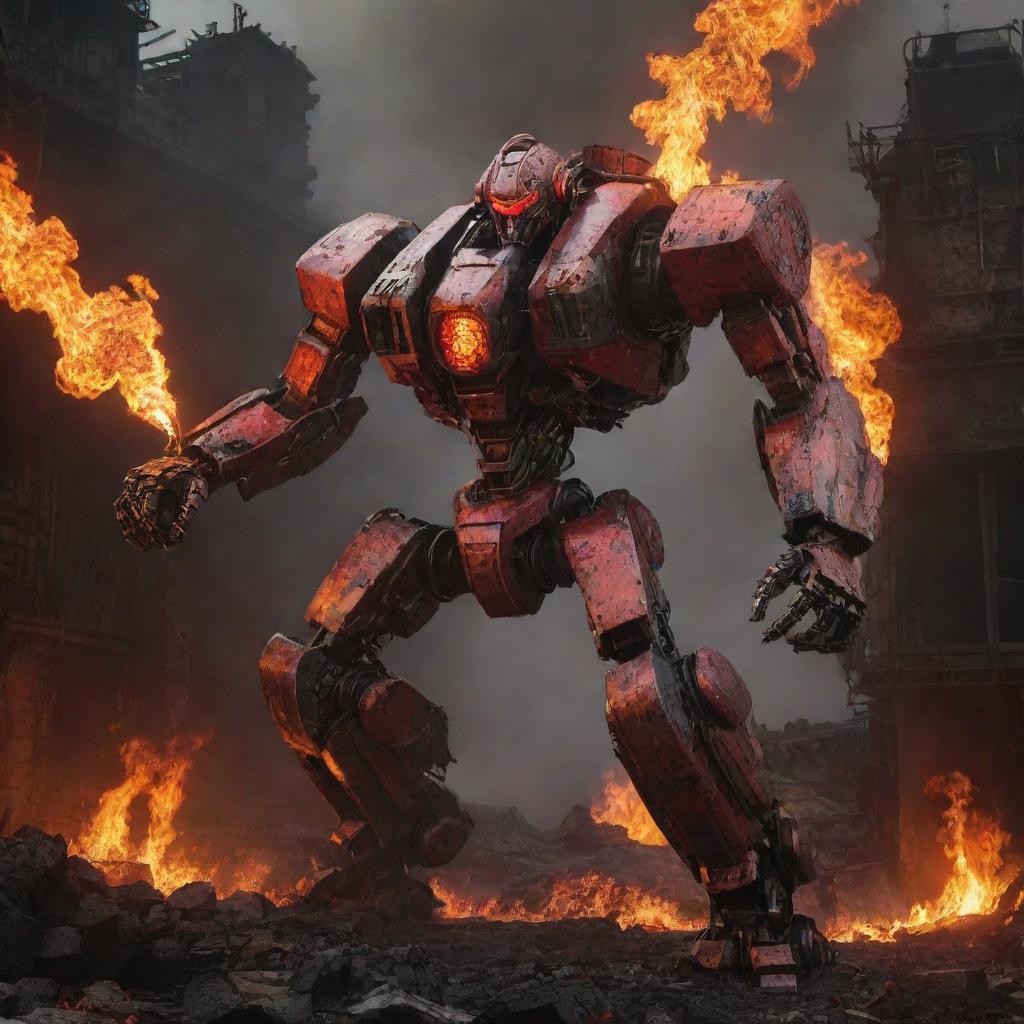 A fierce firepunk mecha, designed with flame-emitting exhausts, burning coals, and metal turned red-hot through intense heat, placed amidst a landscape of raging industrial fireplaces and molten lava flows.