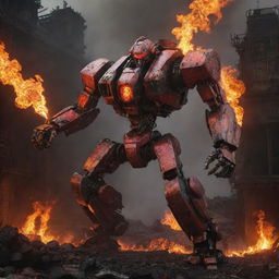 A fierce firepunk mecha, designed with flame-emitting exhausts, burning coals, and metal turned red-hot through intense heat, placed amidst a landscape of raging industrial fireplaces and molten lava flows.