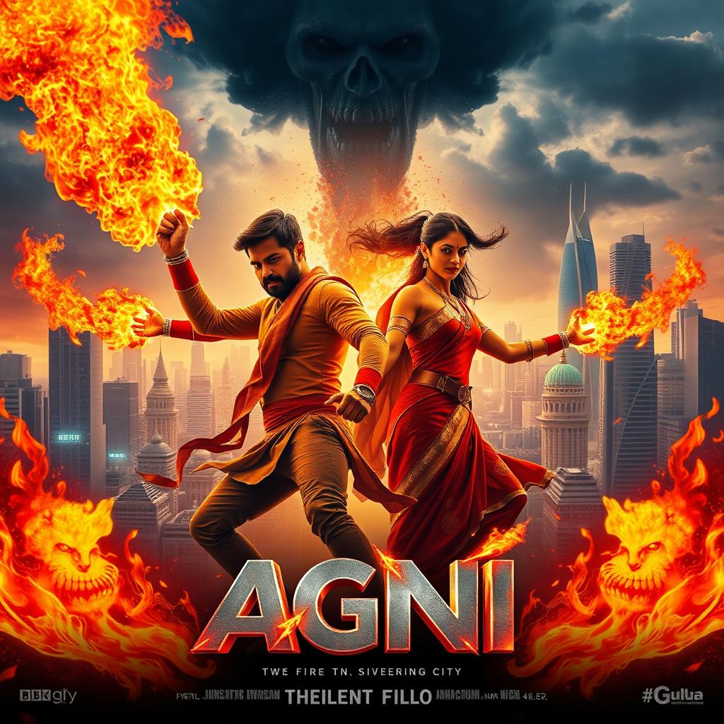 A captivating and action-packed cinematic poster for the sci-fi superhero film titled 'AGNI'