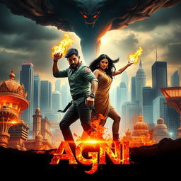 A captivating and action-packed cinematic poster for the sci-fi superhero film titled 'AGNI'