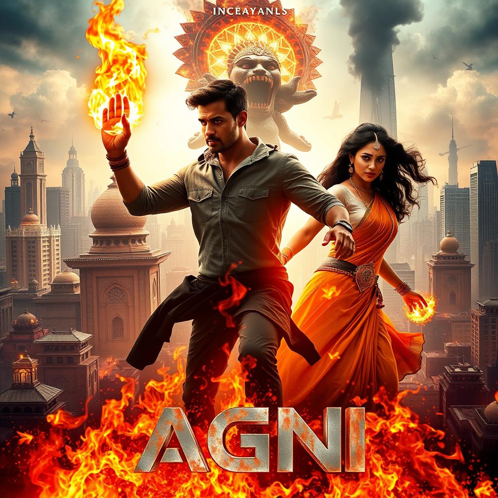 A captivating and action-packed cinematic poster for the sci-fi superhero film titled 'AGNI'