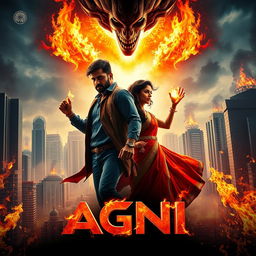 A captivating and action-packed cinematic poster for the sci-fi superhero film titled 'AGNI'