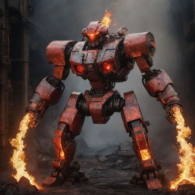 A fierce firepunk mecha, designed with flame-emitting exhausts, burning coals, and metal turned red-hot through intense heat, placed amidst a landscape of raging industrial fireplaces and molten lava flows.