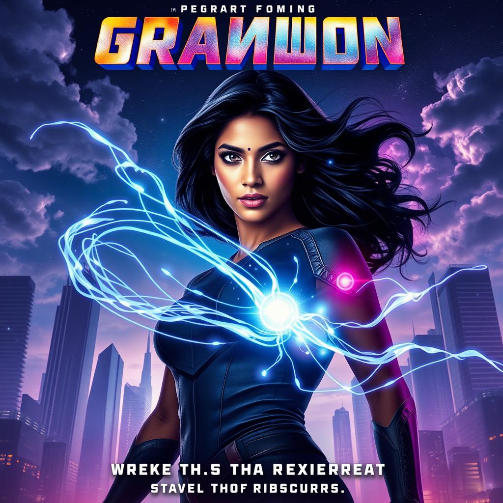 An epic cinematic sci-fi action superhero film poster featuring an ordinary Indian woman with dark hair and determined eyes, standing confidently in a futuristic cityscape