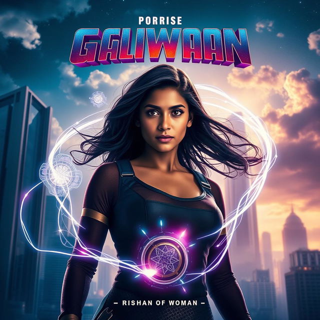 An epic cinematic sci-fi action superhero film poster featuring an ordinary Indian woman with dark hair and determined eyes, standing confidently in a futuristic cityscape