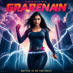 An epic cinematic sci-fi action superhero film poster featuring an ordinary Indian woman with dark hair and determined eyes, standing confidently in a futuristic cityscape