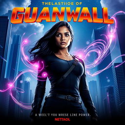 An epic cinematic sci-fi action superhero film poster featuring an ordinary Indian woman with dark hair and determined eyes, standing confidently in a futuristic cityscape