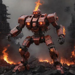 A fierce firepunk mecha, designed with flame-emitting exhausts, burning coals, and metal turned red-hot through intense heat, placed amidst a landscape of raging industrial fireplaces and molten lava flows.