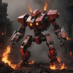 A fierce firepunk mecha, designed with flame-emitting exhausts, burning coals, and metal turned red-hot through intense heat, placed amidst a landscape of raging industrial fireplaces and molten lava flows.