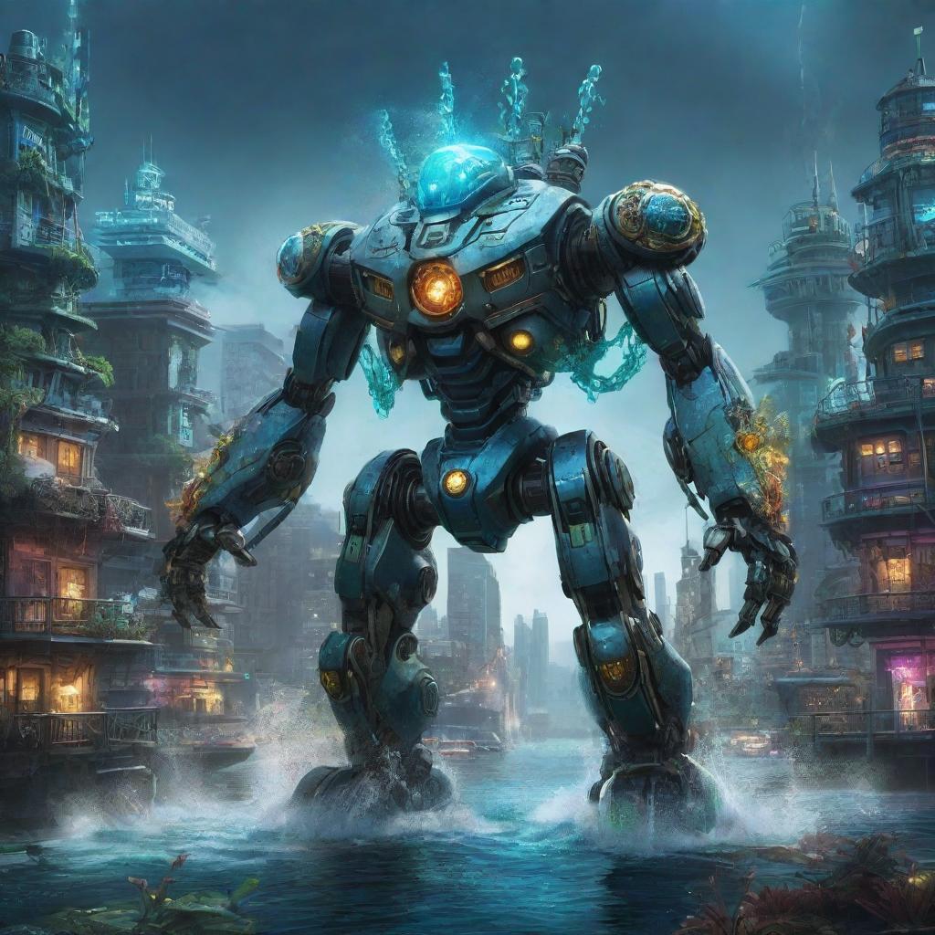 An imposing aquapunk mecha, decorated with swirling water turbines, sea creature-inspired armor, and kelp-like embellishments, nestled in a vibrant underwater cityscape teeming with bioluminescent marine life.