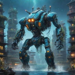 An imposing aquapunk mecha, decorated with swirling water turbines, sea creature-inspired armor, and kelp-like embellishments, nestled in a vibrant underwater cityscape teeming with bioluminescent marine life.