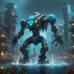 An imposing aquapunk mecha, decorated with swirling water turbines, sea creature-inspired armor, and kelp-like embellishments, nestled in a vibrant underwater cityscape teeming with bioluminescent marine life.