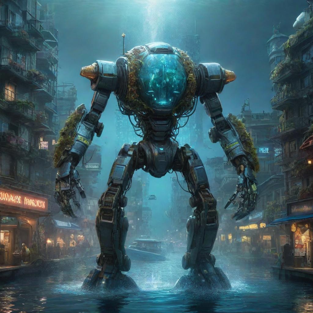 An imposing aquapunk mecha, decorated with swirling water turbines, sea creature-inspired armor, and kelp-like embellishments, nestled in a vibrant underwater cityscape teeming with bioluminescent marine life.