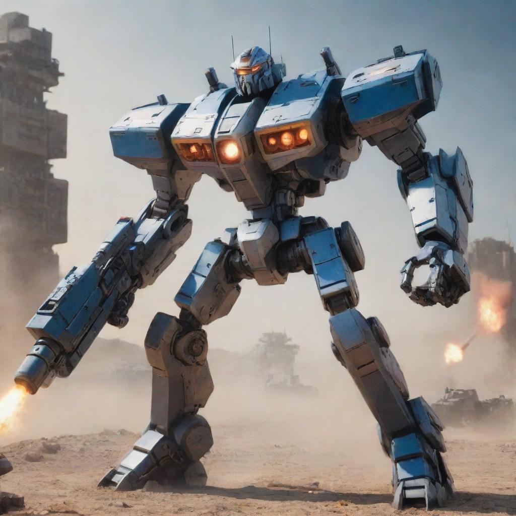 A fully-armed mecha, bristling with advanced weaponry such as missile launchers, plasma cannons, and energy shields, standing ready for battle in an epic sci-fi battlefield.