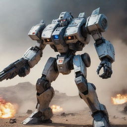 A fully-armed mecha, bristling with advanced weaponry such as missile launchers, plasma cannons, and energy shields, standing ready for battle in an epic sci-fi battlefield.