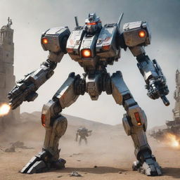 A fully-armed mecha, bristling with advanced weaponry such as missile launchers, plasma cannons, and energy shields, standing ready for battle in an epic sci-fi battlefield.