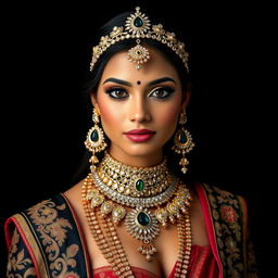 An Indian princess with beautiful, large brown eyes, adorned in an extravagant amount of elaborate jewelry that sparkles and shines against a stark black background