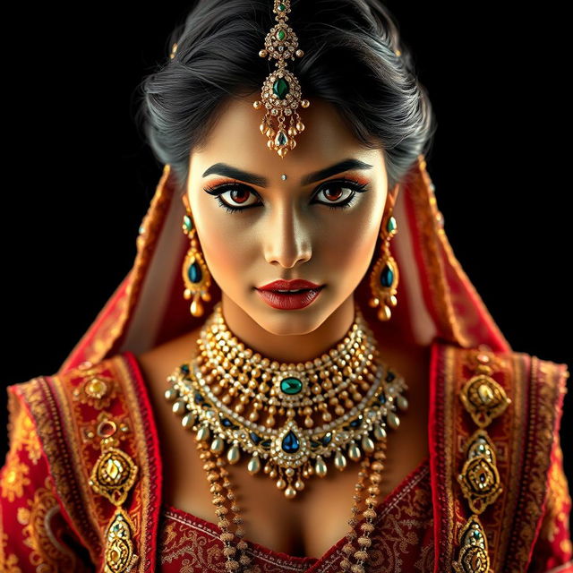 An Indian princess with beautiful, large brown eyes, adorned in an extravagant amount of elaborate jewelry that sparkles and shines against a stark black background